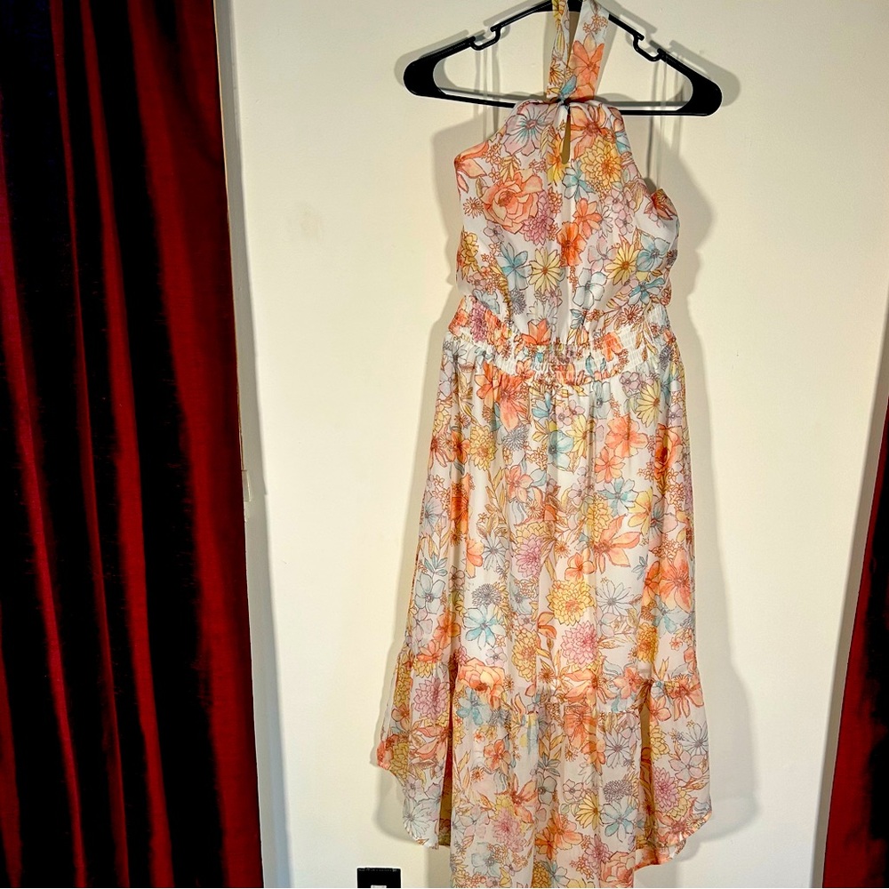 NWOT Maurice’s size medium floral dress, halter top, flowing, coral, blue, pink.